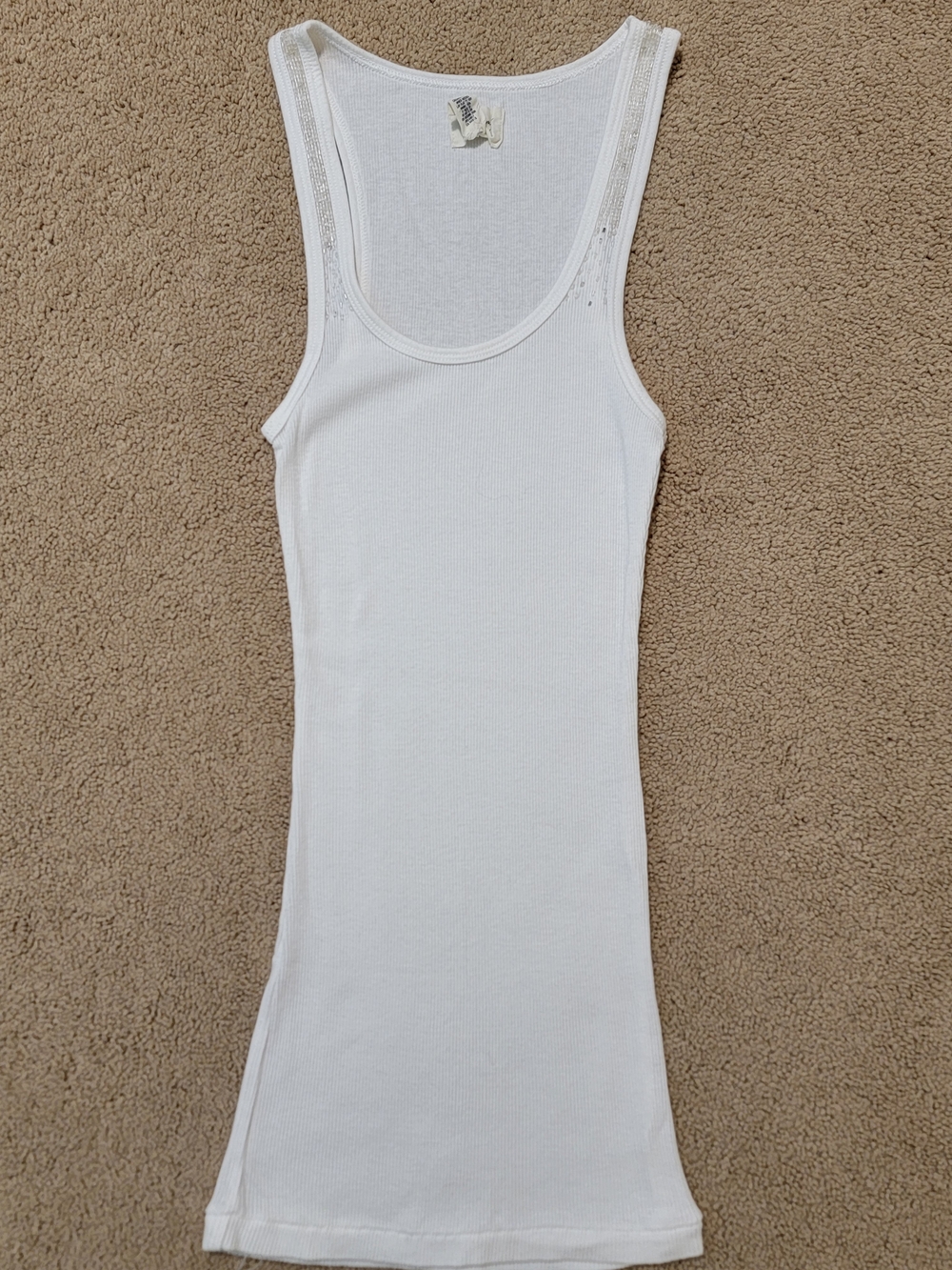 Y2K Abercrombie & Fitch White Ribbed Tank W/Beaded Accent - Scoop Neck - Small
